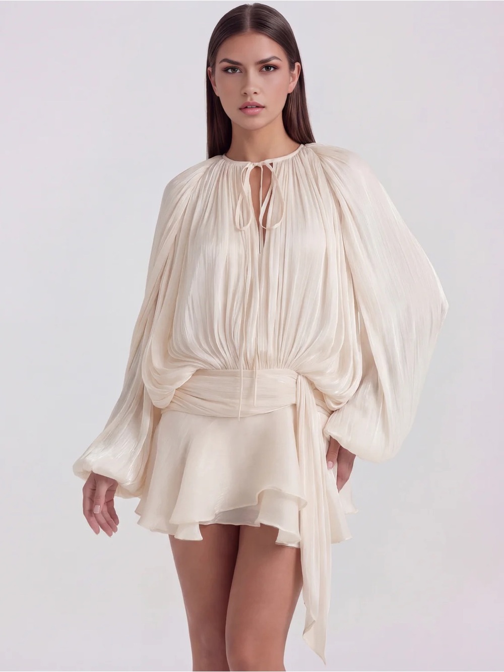 Elegant Cream Mini Dress with Balloon Sleeves